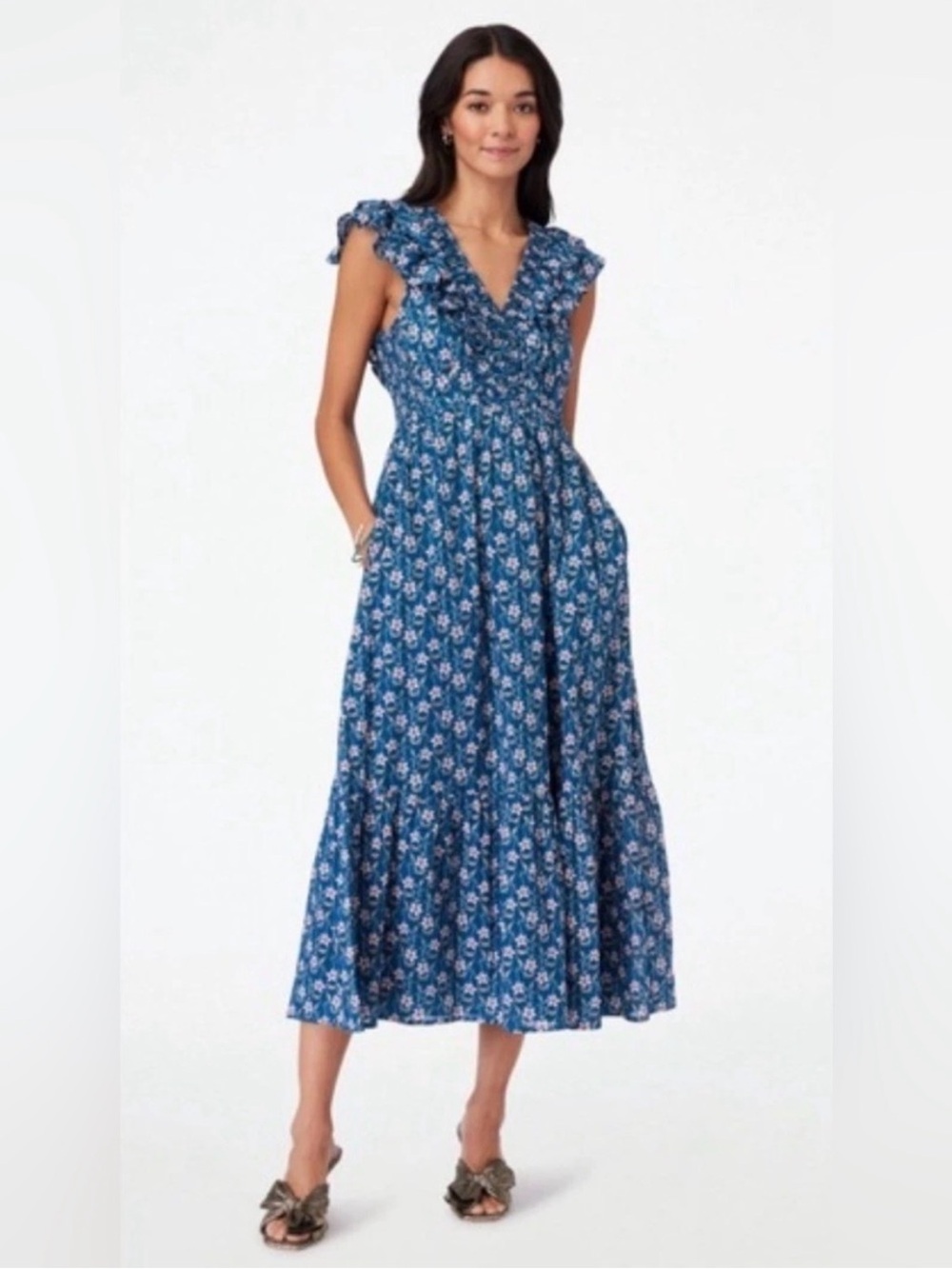 Roller Rabbit Jasmine Floral Ondine Maxi Dress in Teal Size S